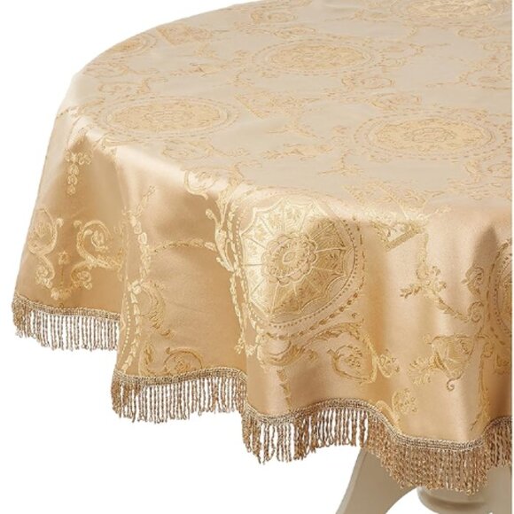 Victorian Gold Brocade Round Table Cloth 60" - Picture 2 of 7